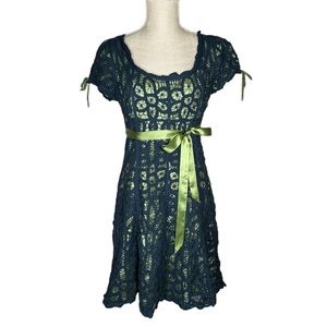 Vintage Betsey Johnson Blue Green Crochet Lace Dress